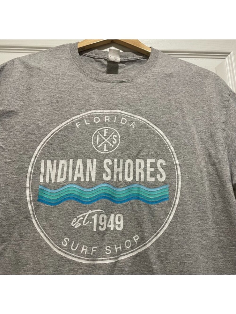 Indian Shores Florida T-Shirt Men's Size L Heather Gray Surf Shop Summer Tee - Picture 5 of 5